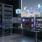 A high-tech server room and workstation featuring a powerful desktop PC with internal LED lighting, a monitor displaying data analytics, and floating 3D digital blocks representing modular cloud architecture and data storage
