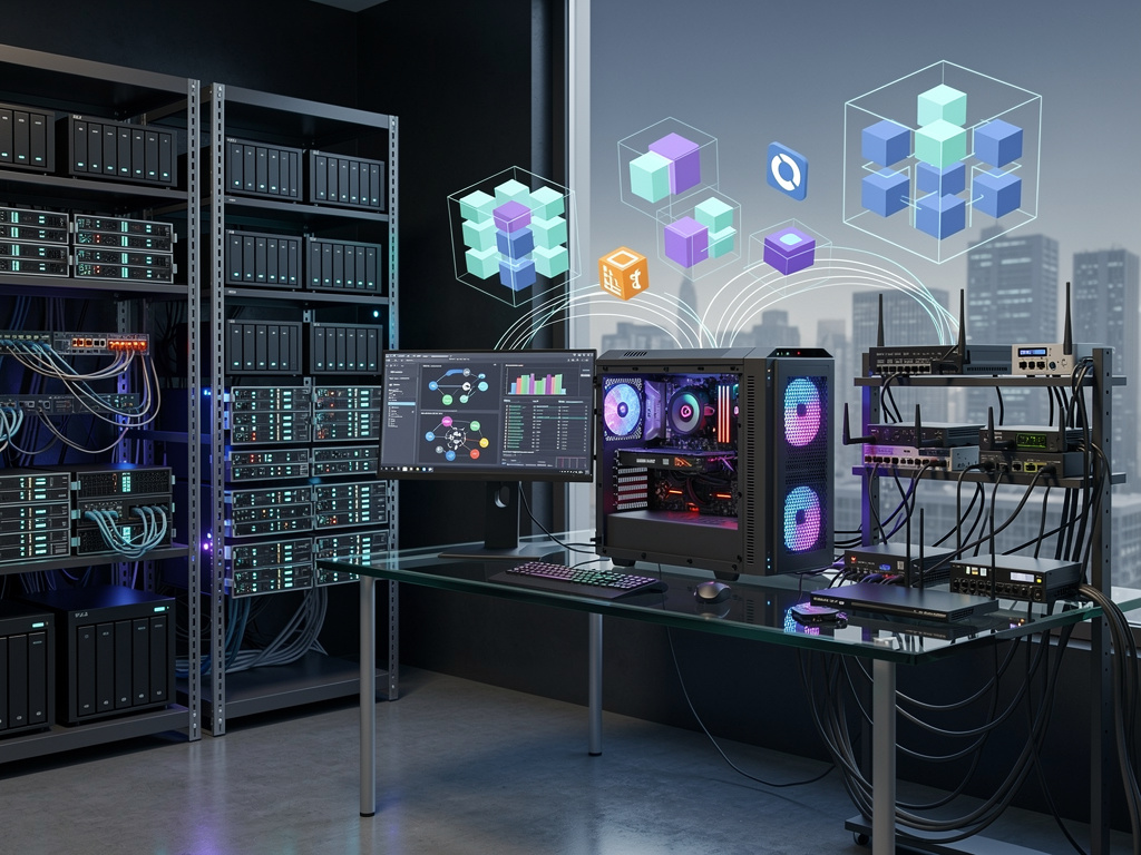 A high-tech server room and workstation featuring a powerful desktop PC with internal LED lighting, a monitor displaying data analytics, and floating 3D digital blocks representing modular cloud architecture and data storage
