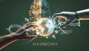 A conceptual digital image showing a human hand and a robotic hand reaching toward a glowing globe, with a digital human head made of circuitry in the background and the word "HARMONY" at the bottom