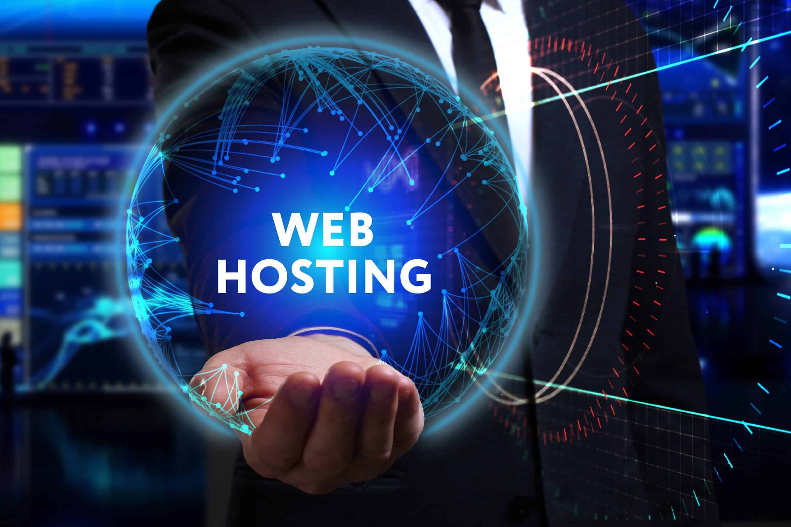 A businessman in a dark suit holding a glowing, digital blue sphere in his palm that displays the words "WEB HOSTING" amidst a network of interconnected data points and lines